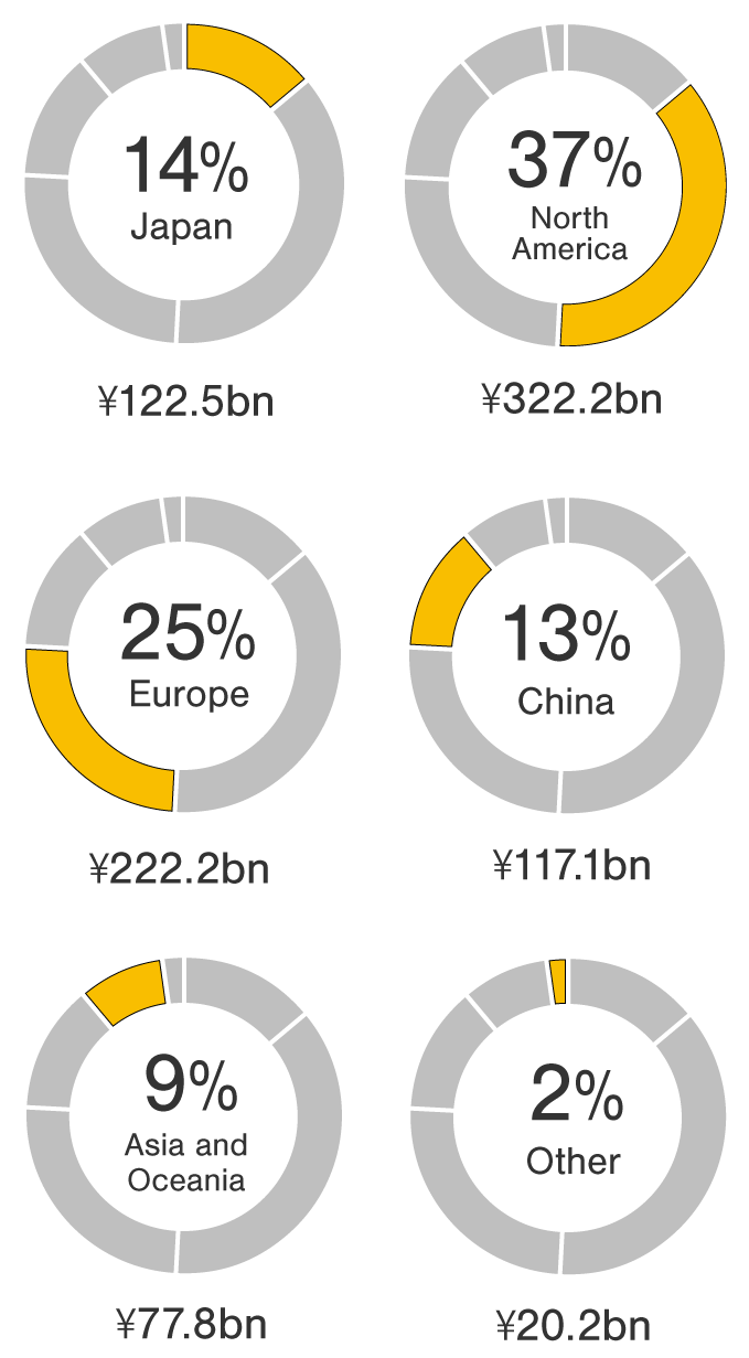Fiscal year ended March 2021: Consolidated revenue 730.5 billion Yen. Japan 123.4 billion Yen 17%, North America 237 billion Yen 32%, Europe 181.2 billion Yen 25%, China 110.3 billion Yen 15%, Asia and Oceania 63.6 billion Yen 9%, Other Region 15 billion Yen 2%.