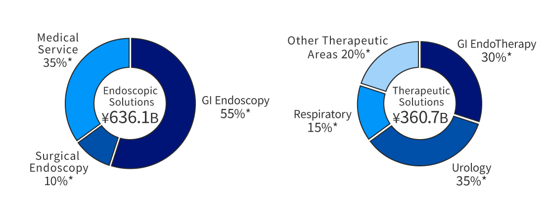 Endoscopic Solutions ¥360.7B:GI Endoscopy55%* Surgical Endoscopy10%* Medical Service35%*, Therapeutic Solutions ¥360.7B: GI EndoTherapy30%* Urology35%* Respiratory15%* Other Therapeutic Areas20%*